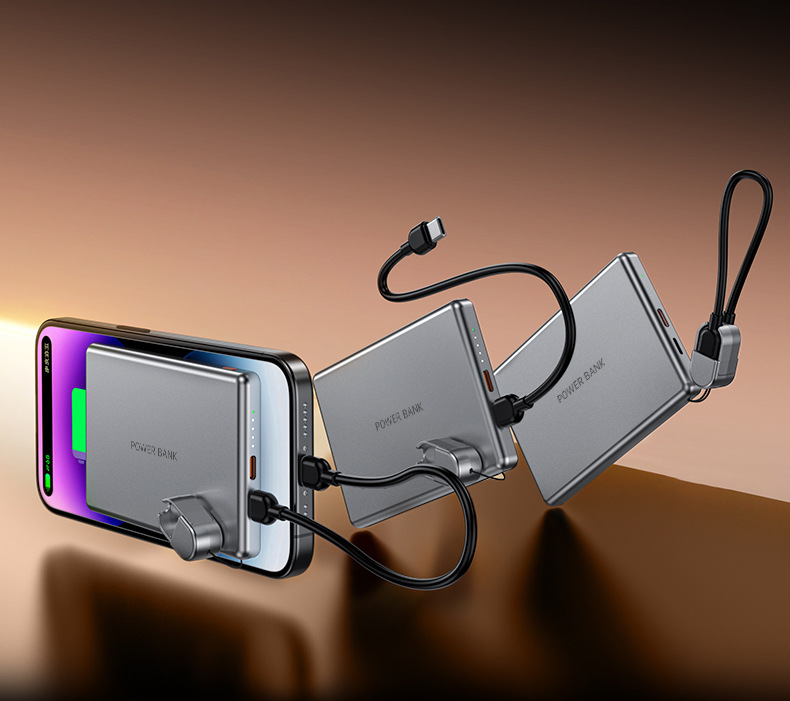 Ultradünne magnetische kabellose Powerbank mit integriertem Kabel, PD20W-Schnellladung, tragbares 10000-mAh-Ladegerät für iPhone und Android_voghion.com