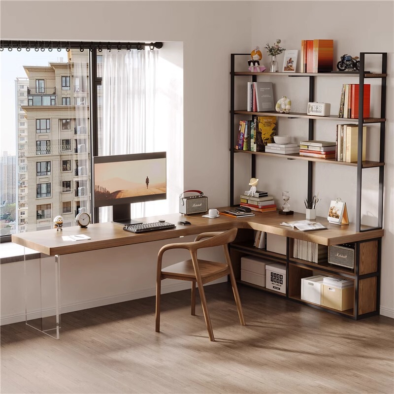 Solid Wood L-Shaped Corner Table with Integrated Bookshelf and Storage Rack, Bedroom Corner Desk, Solid Wood Acrylic Desk