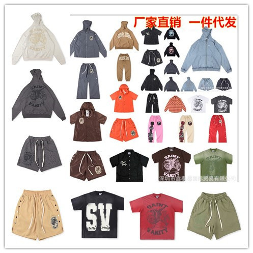 25Fw Wholesale European and American Style Unisex Saint Washed Embroidered Studded Zipper Hoodie T-Shirt and Shorts Set Trendy Style 25Fw Wholesale European and American Style Unisex Saint Washed Embroidered Studded Zipper Hoodie T-Shirt and Shorts Set Trendy Style
