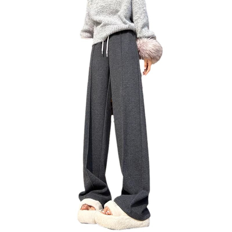 Pantalones de piernas anchas de patrón de herringbone alto para mujeres otoño y invierno 2024 Pantalones rectos de lana alargados pantalones de arroz casuales gris oscuro