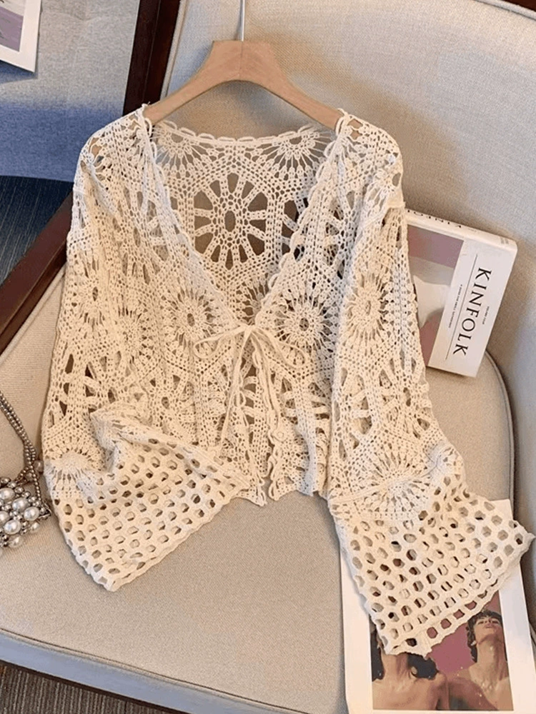 Летний кардиган длинный рукав бохо крючком, one size, лёгкое пляжное накидка