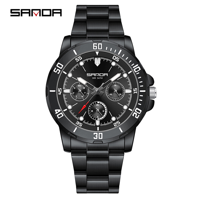 SANDA comercio exterior piel de camarón venta caliente reloj hombre de alta gama impermeable multifunción cronógrafo negocio acero con reloj de cuarzo para hombre