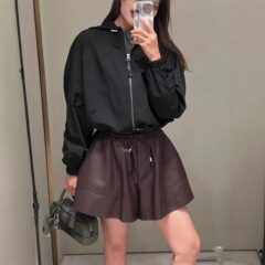 2025秋冬小罗新款抽绳松紧腰装饰休闲百搭短裤PU皮气质潮流简约