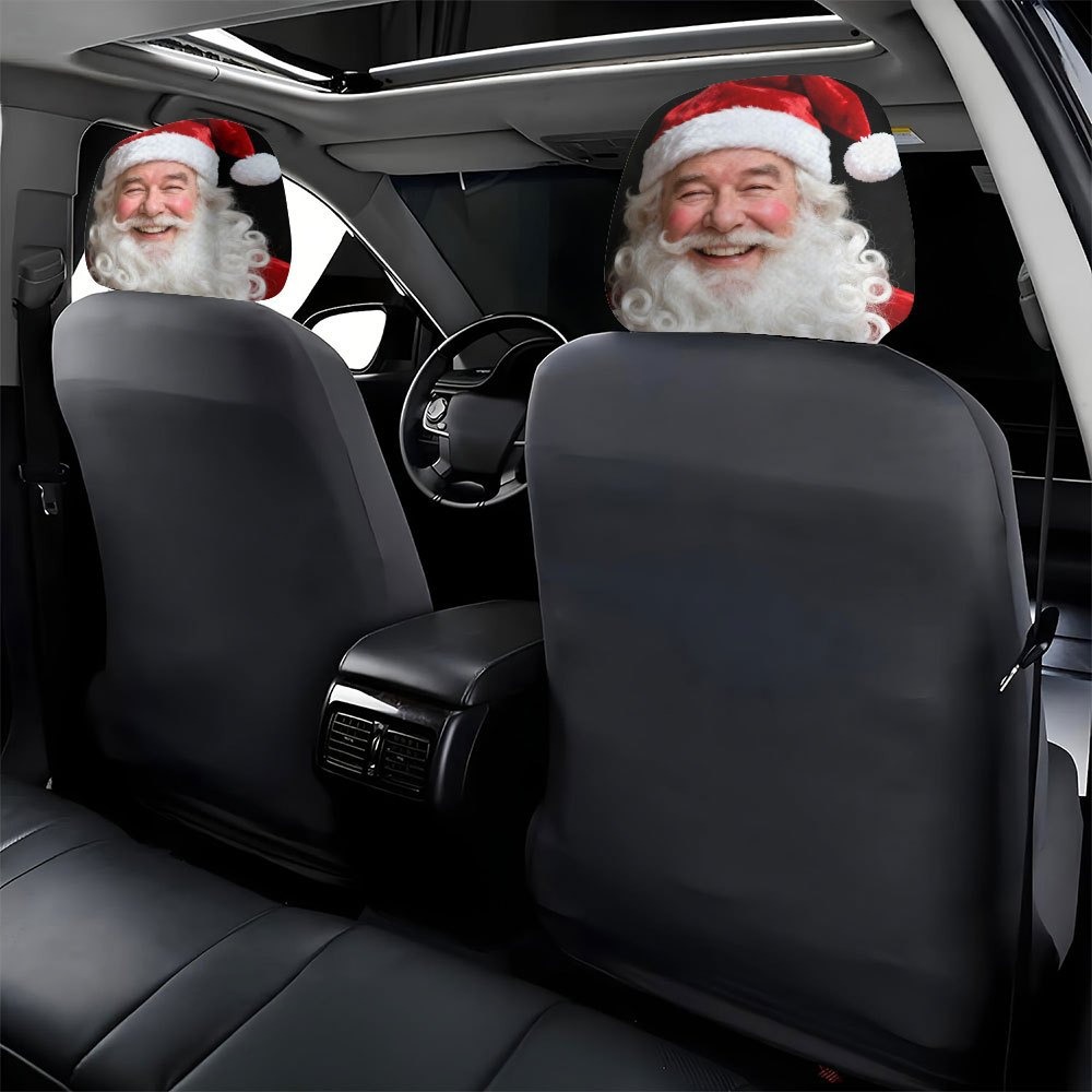 Car headrest cover with realistic smiling Santa Claus print, personalized design, universal fit for cars, can be customized with logo and made to order
