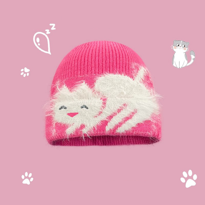 可爱毛绒小猫咪针织帽女韩版时髦百搭冷帽秋冬护耳毛线帽子包头帽|undefined