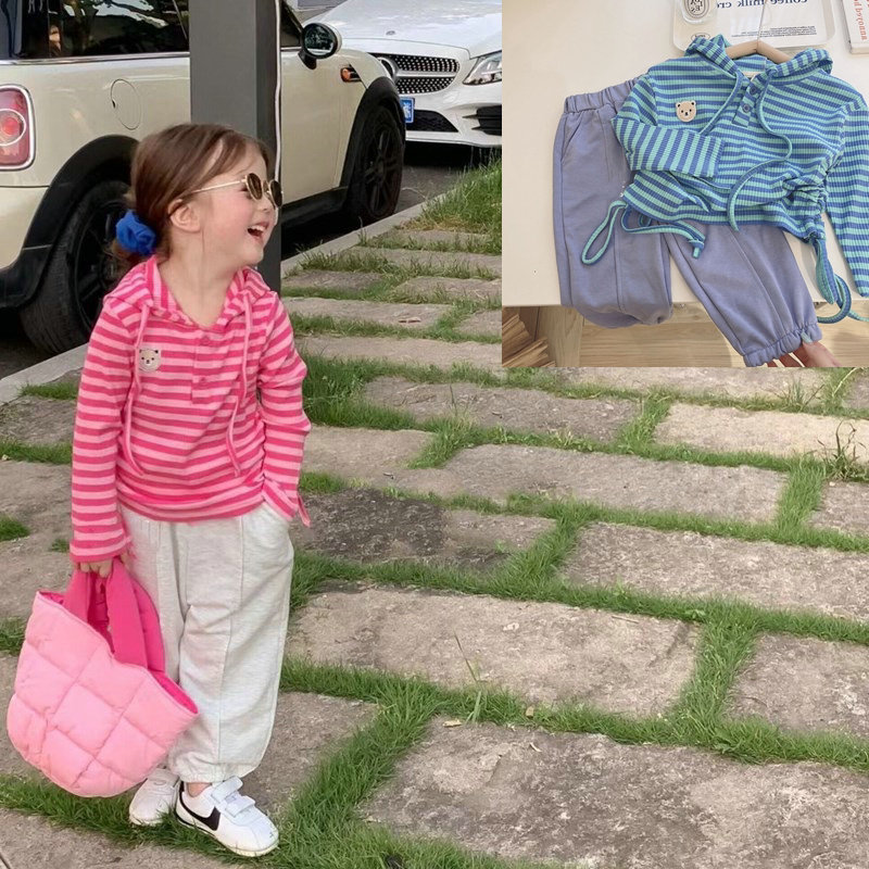 Girls' Outfit Set: Striped Stretchy Bear Hooded Sweatshirt and Casual Pants, New Autumn 2026 Fashion, Foreign Trade Children's Clothing Wholesale