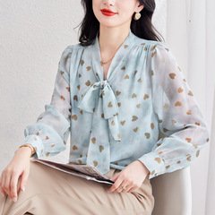 系带碎花淑女显瘦长袖上衣2025秋新款时尚百搭通勤气质衬衫女批发