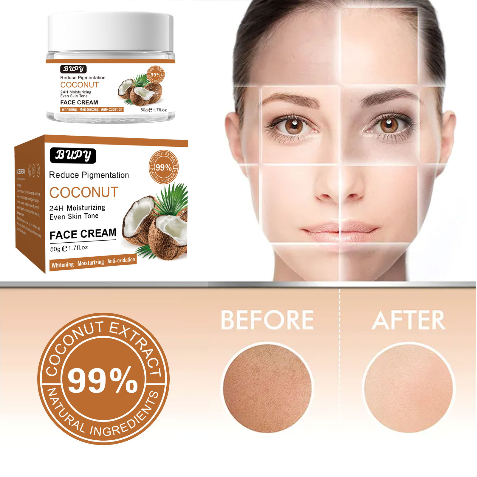 La crème raffermissante à la noix de coco pour le visage BUPY répare blanchit la peau, réduit les ridules, prévient le vieillissement et hydrate le visage_voghion.com