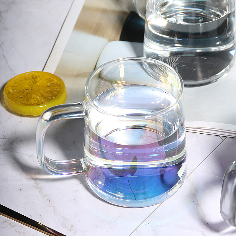 Taza de café de vidrio Aurora colorida con asa, taza de vidrio para el hogar de alto valor, taza de desayuno, sentido avanzado