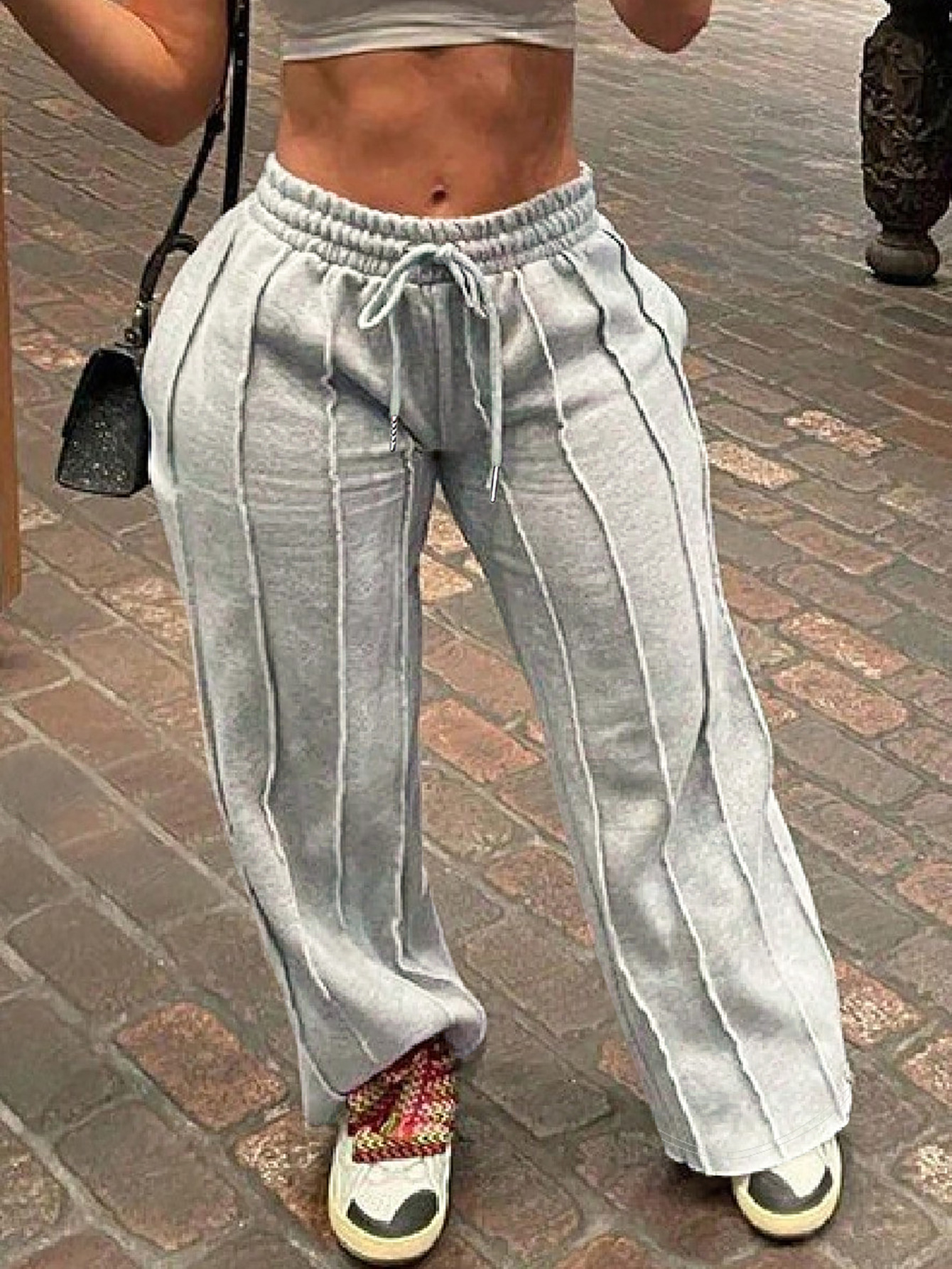 Pantalones anchos casuales de moda para mujer, estilo americano, con rayas verticales grises y cordón, para Amazon transfronterizo (Europa y América) image 2