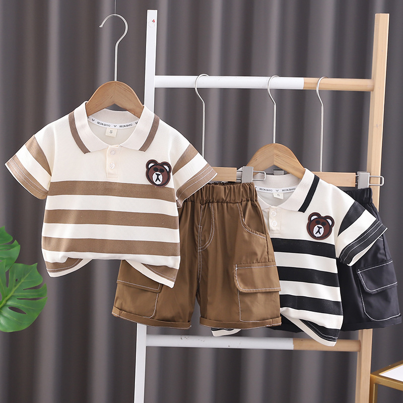 Children's 1-5-year-old suit boys' summer New lapel T-shirt children's casual striped short-sleeved polo shirt two-piece suit