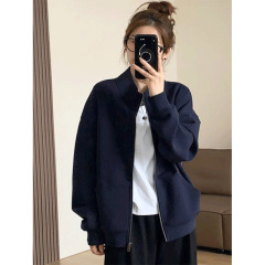 胖MM大码藏青色拉链立领卫衣外套女秋冬2025新款韩版宽松开衫上衣