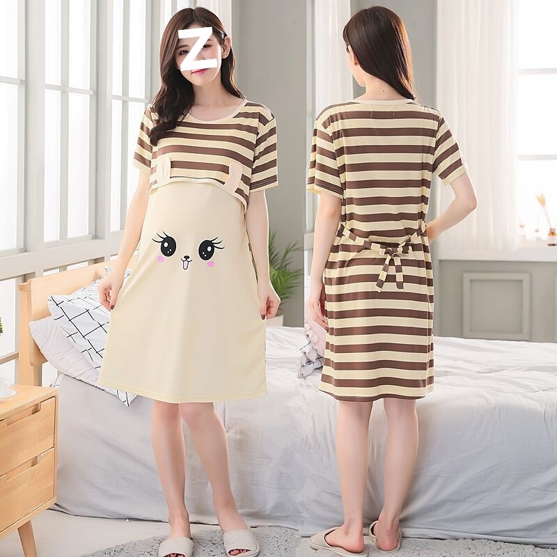 Breastfeeding Dress for Outdoor Wear, Summer Short-Sleeve Maternity Pajamas, Thin Summer Postpartum Clothing, Nursing Dress, Postpartum Nightgown