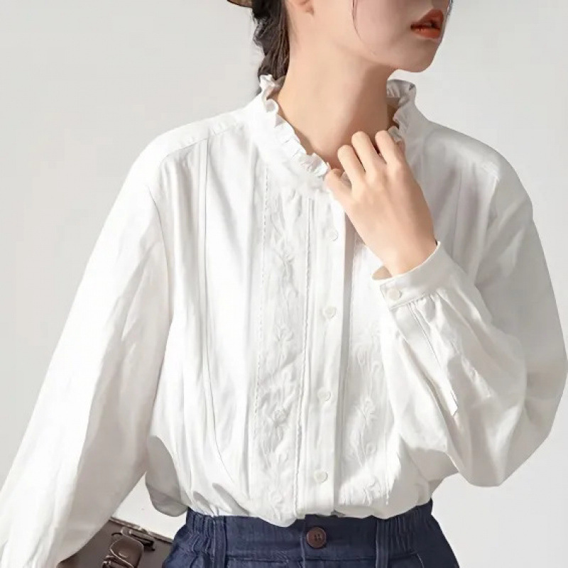 New White Shirt Loose Long-Sleeved Women's 2025 Autumn New Japanese Style Preppy Style Apricot Lotus Leaf Collar Embroidered Top