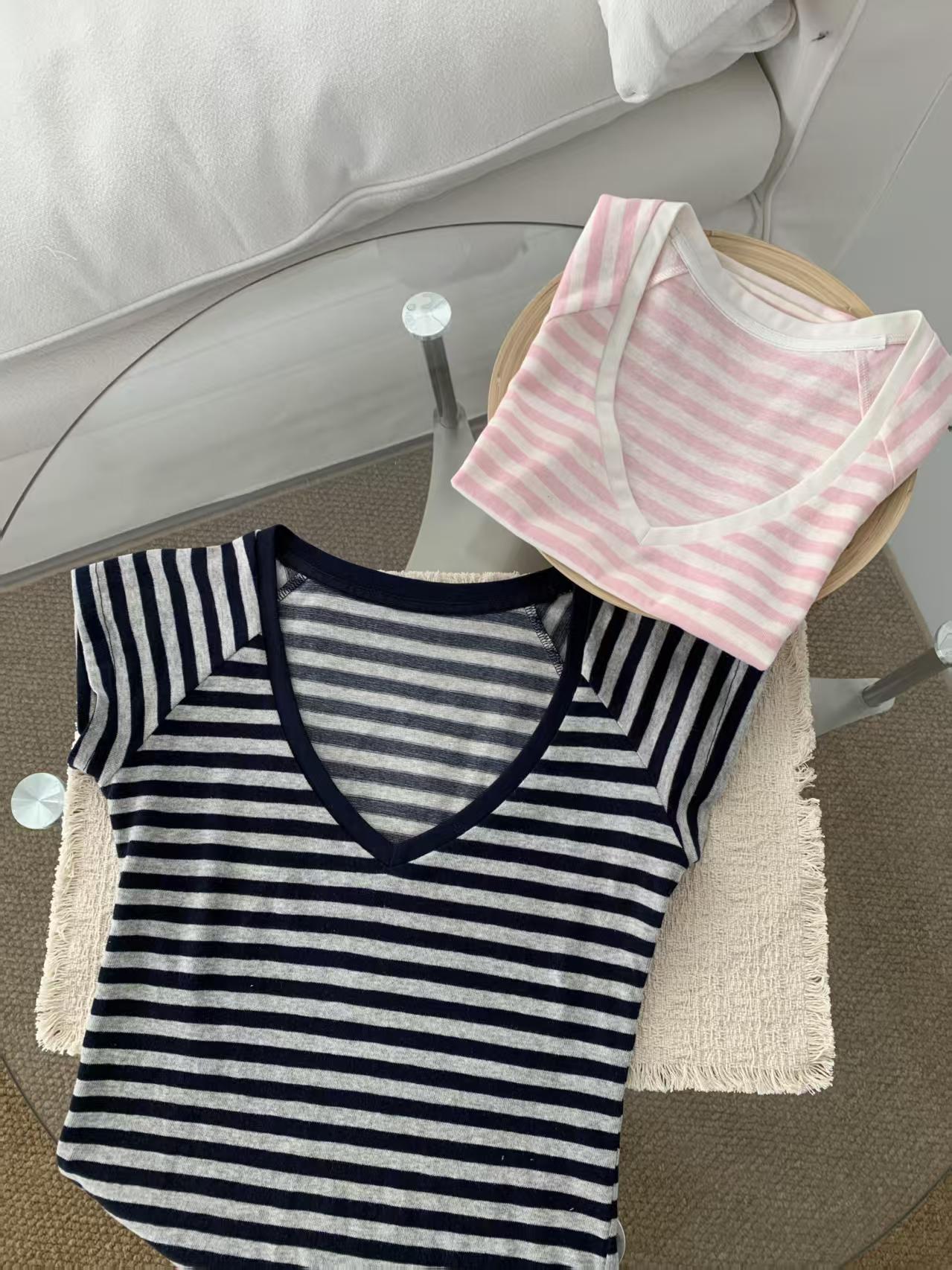 Pink Striped V-Neck Slim-Fit Short-Sleeve T-Shirt for Women, Summer, Very Stylish Korean Design with Small Flutter Sleeves