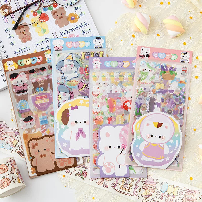 Cartoon Sticker Pack, Waterproof Cute Stickers, Scheduler Decals — Soft Kitten, Bunny, Bears, Puppy