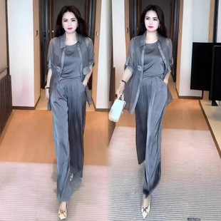 Dropshipping Fashion Suit for Women 2025 Summer Style Slimming Look Sun Protection Shirt Wide Leg Pants Casual Three-Piece Set