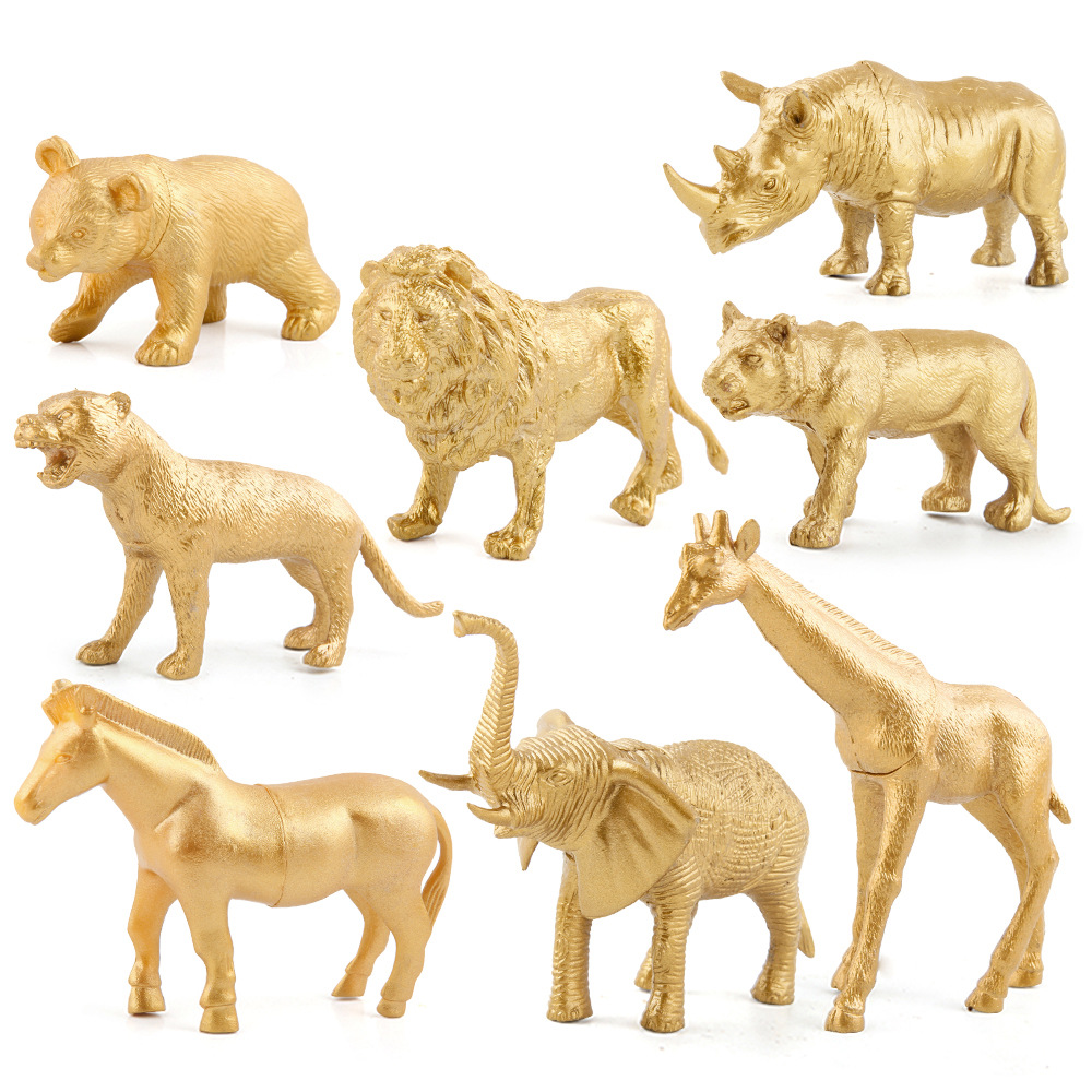 Exportación transfronteriza de oro bosque animal adornos juguetes de simulación girafa dorada leones rinocerontes caballos adornos estáticos