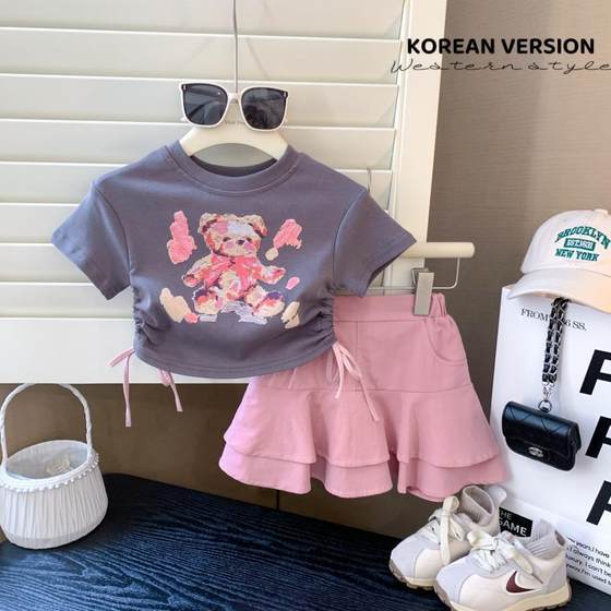Korean Style Girl's Cute T-shirt suit Summer New Style Drawstring Top Korean Style Sweet and Spicy Style Two-piece Fashionable Skirt