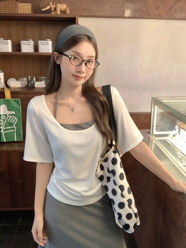 2025新款夏季洋气带胸垫吊带大U领褶皱宽松短袖T恤女独特套装上衣|undefined