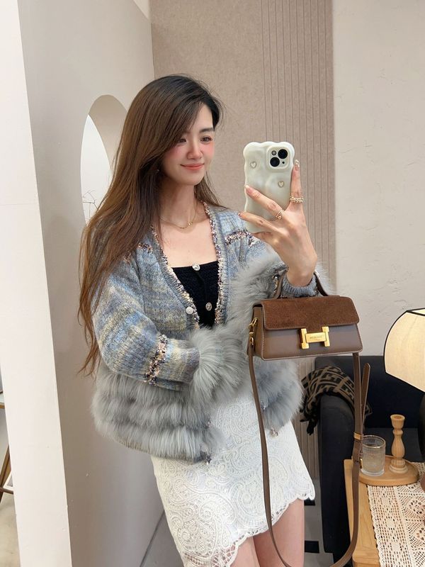 2025新款欧货车条狐狸毛皮草开衫毛衣针织衫百搭小香风女装外套短|undefined