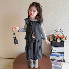 女小童韩版套装2025春秋季新款儿童洋气花边波点马甲阔腿裤三件套