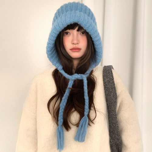 Blue ear protection balaclava hat for women in winter autumn and winter new style large head circumference warm knitted woolen hat red