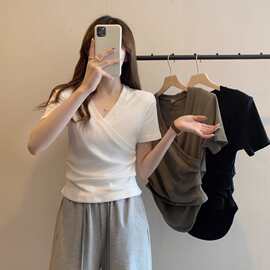 V领正肩短袖T恤女2025夏季小众韩版百搭遮肚显瘦藏肉设计感上衣