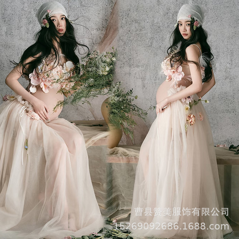 Photo Studio New Pregnant Women Beautiful Photography Photo Theme Super Champagne Color Clothing Pregnant Mother Big Belly Photo Portrait Dress