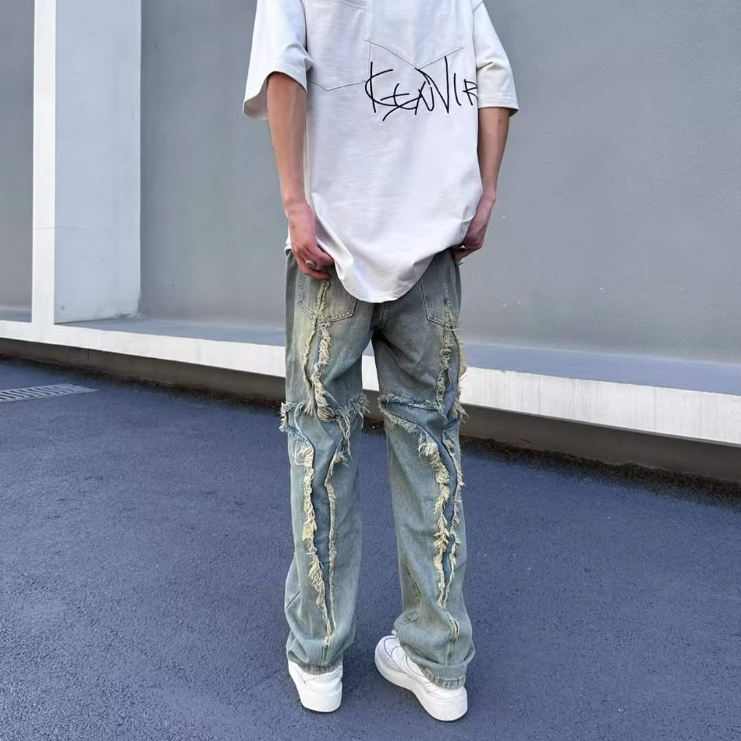 American High Street vintage jeans hombres Vibe desgastado parche diseño de pierna ancha pantalones casuales Pantalones rectos sueltos moda