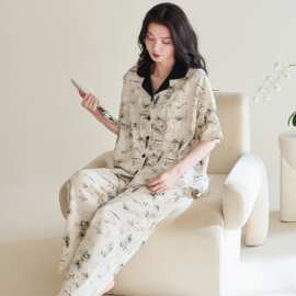 纯棉短袖长裤女生睡衣开衫休闲可外穿全棉短长家居服妈妈短袖睡衣