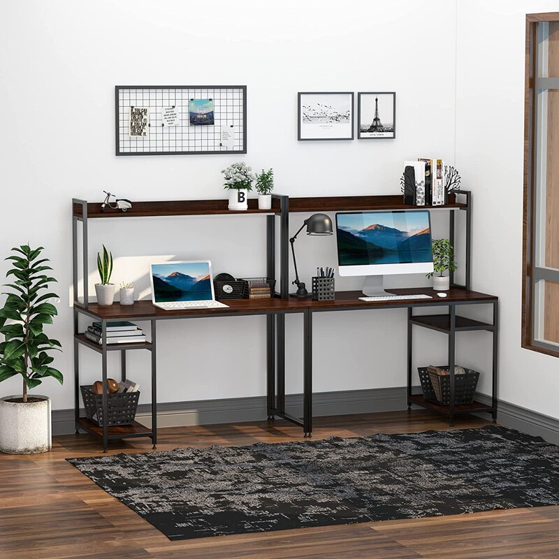 HOMCOM 95.4 inch dual computer desk with bezel and storage rack extra long home office writing desk
