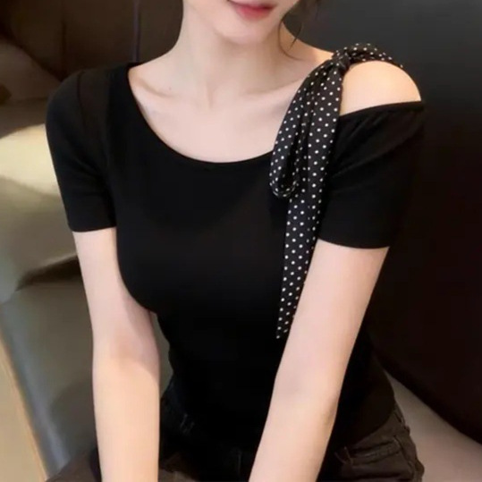 Summer 260g Rayon Korean-Style Bowknot Asymmetrical Collar Short-Sleeve T-Shirt for Women, Petite Spicy Girl Style, Waist-Cinching Off-Shoulder Top Summer 260g Rayon Korean-Style Bowknot Asymmetrical Collar Short-Sleeve T-Shirt for Women, Petite Spicy Girl Style, Waist-Cinching Off-Shoulder Top