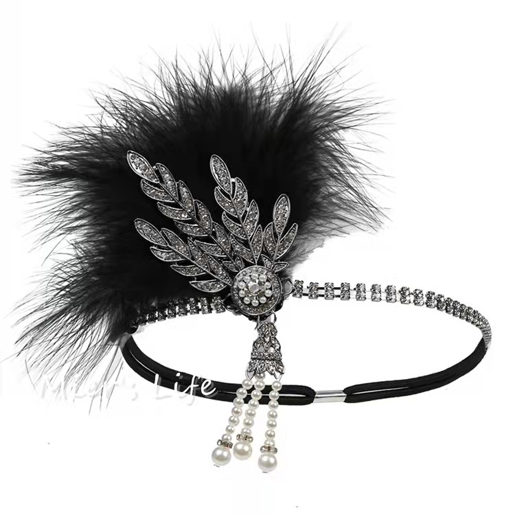 1960s Gatsby Venta caliente retro danza diadema negro avestruz pluma banda de pelo perla rhinestone tocado club nocturno