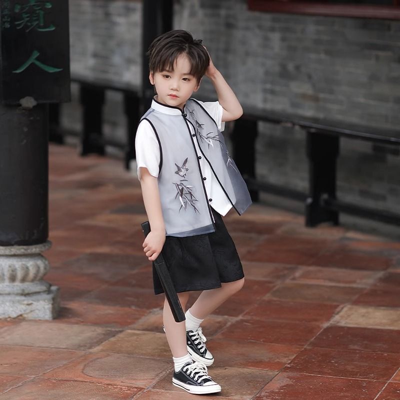 新しい漢服の男の子の夏の新しい中国式の薄いタイプの古風の唐の服の子供のかっこいい国風の夏のタイプの時代の服のスーツの夏|undefined