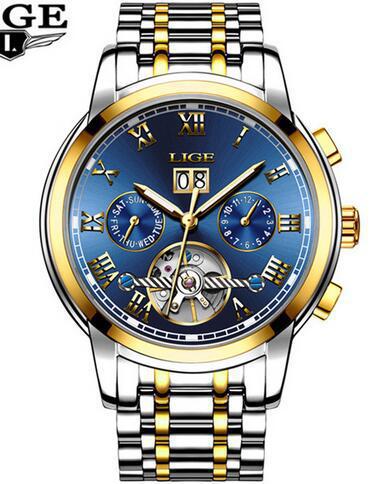 LIGE 9813 caliente-venta hueco transparente Tourbillon multifunción reloj mecánico automático correa de acero reloj de hombre
