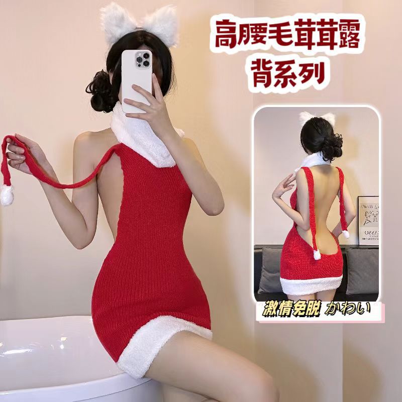 Red Christmas Cosplay Dress Set with Sweater, White Stockings and Bunny Ears — detail image 6