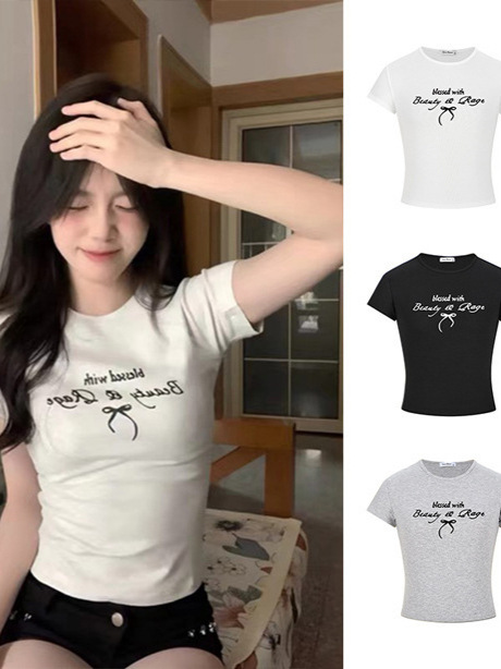 Fitted base short sleeve T-shirt for leisure with bow