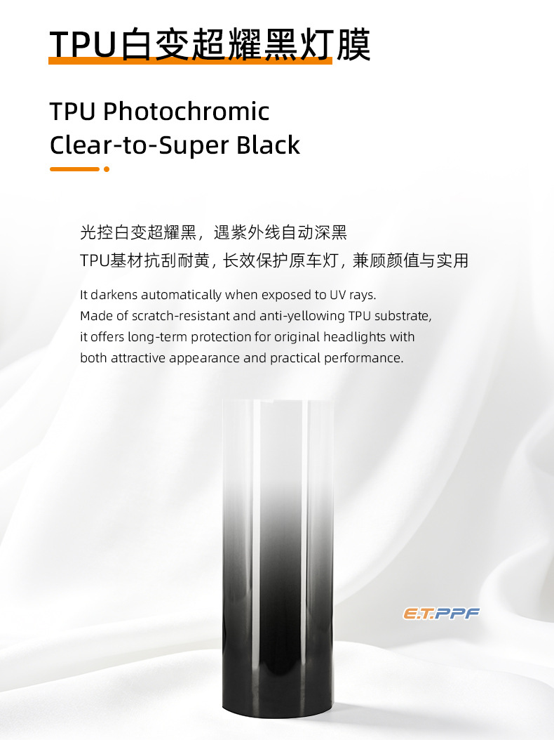 White to Super Black 25% Photochromic TPU Headlight Protection Film, Scratch-Resistant, Self-Healing, Automotive Supplies Film