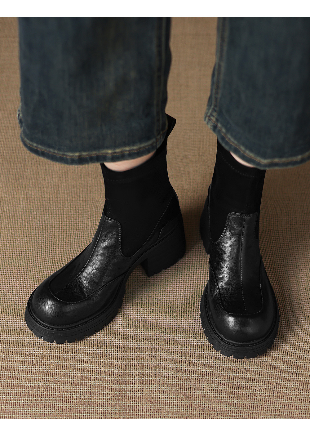 Boot cổ ngắn cao gót đế dày mũi tròn phong cách retro thu đông 2025, phối dệt kim, gót thô ôm chân — nhung đen, Nhung nâu, Lớp lót đơn màu đen, Lớp lót đơn màu nâu chi tiết 2