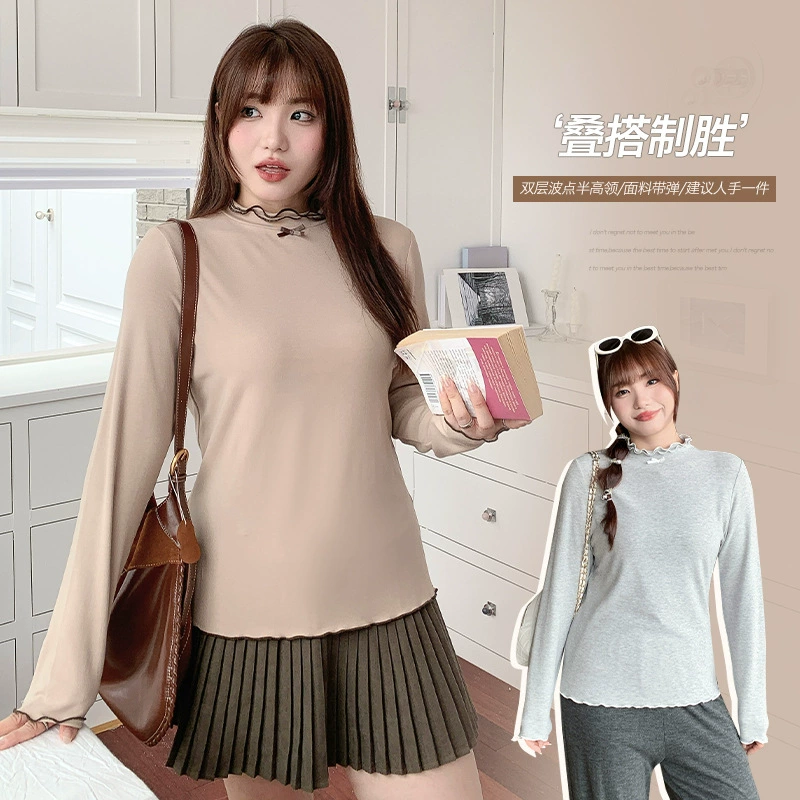 63558丨Осенняя женская двухслойная трикотажная рубашка больших размеров в корейском стиле с рюшами и цветными блоками для слегка полных фигур, утягивающий топ