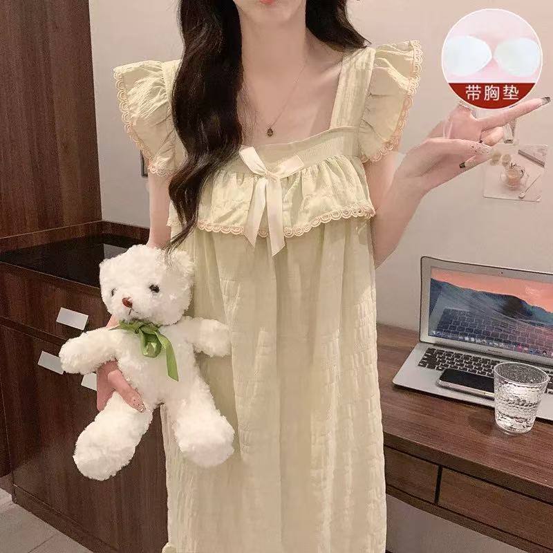 Pijama con cojín de pecho 2026 primavera y verano nuevo vestido largo de encaje coreano lindo ropa de casa pijamas de niña