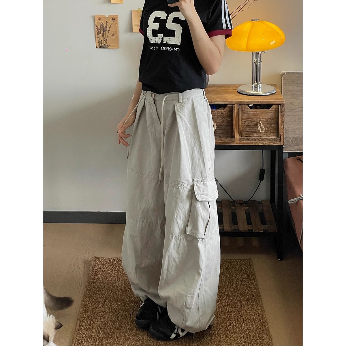 美式设计感休闲裤女2025春秋新款宽松阔腿显瘦抽绳运动工装长裤子