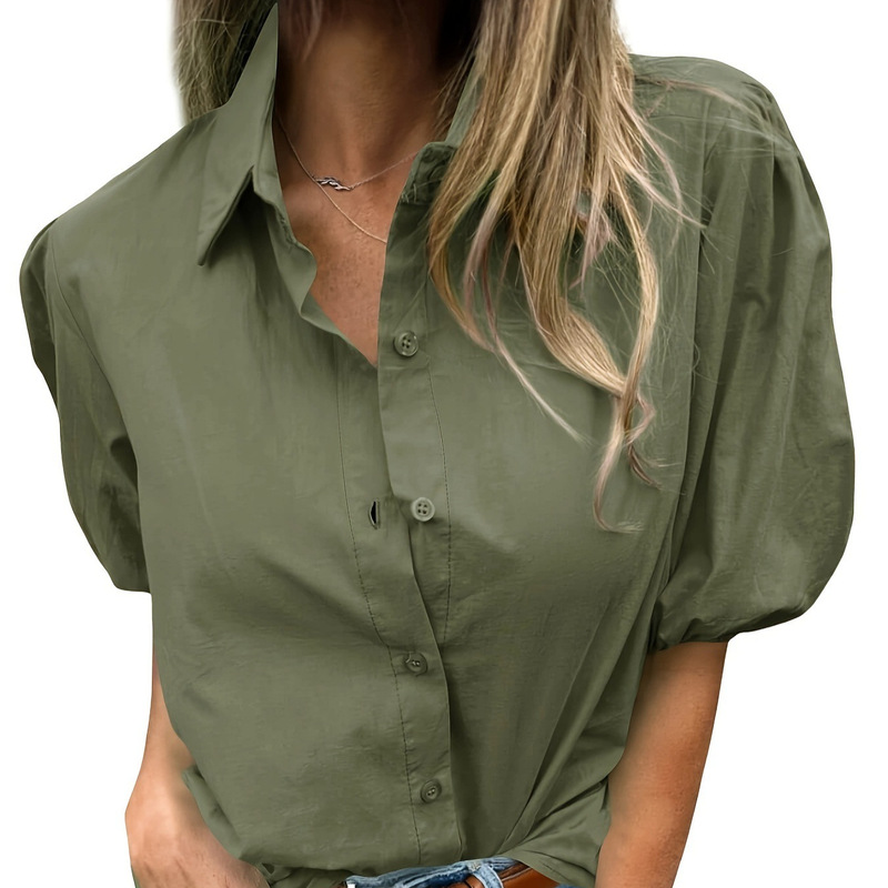 Women's lapel button shirt lantern sleeve casual short sleeve top