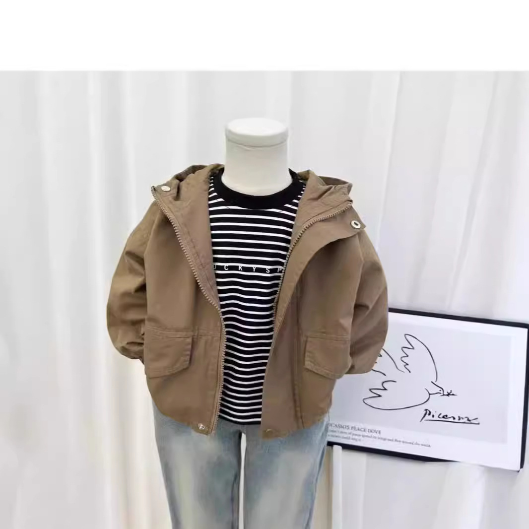Chaqueta con capuz para niños primavera y otoño 2026 nuevo estilo coreano de algodón para niños de color sólido exterior chaqueta casual cardigan