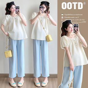 2025 New Pregnant Women's Shirt French Sweet Lace-up Age-reducing Loose Doll Shirt Top Pregnant Women's suit