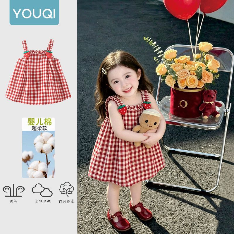 Red plaid strawberry suspender top