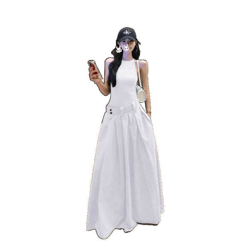甘くてクールなホットガールの気質デザイン白いステッチ偽ツーピースドレスサスペンダーロングスカート女性用|undefined
