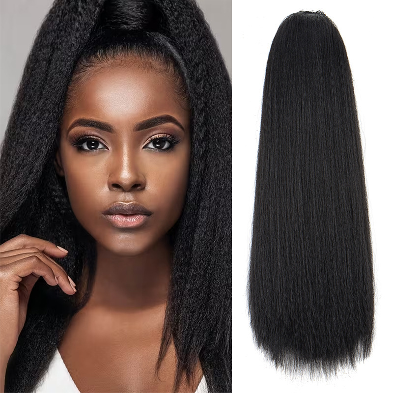 Cross-Border Wig Drawstring Ponytail Yaki Kinky Straight Fluffy Strap Elastic Chemical Fiber Wig Corn