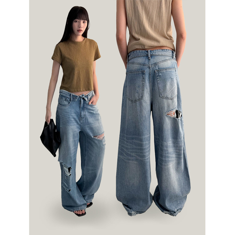 Yuyi's New 2026 Spring Stylish Design Cuffed Waist Jeans for Women, Ripped Wide-Leg Pants for Women Cx5833-1 Yuyi's New 2026 Spring Stylish Design Cuffed Waist Jeans for Women, Ripped Wide-Leg Pants for Women Cx5833-1